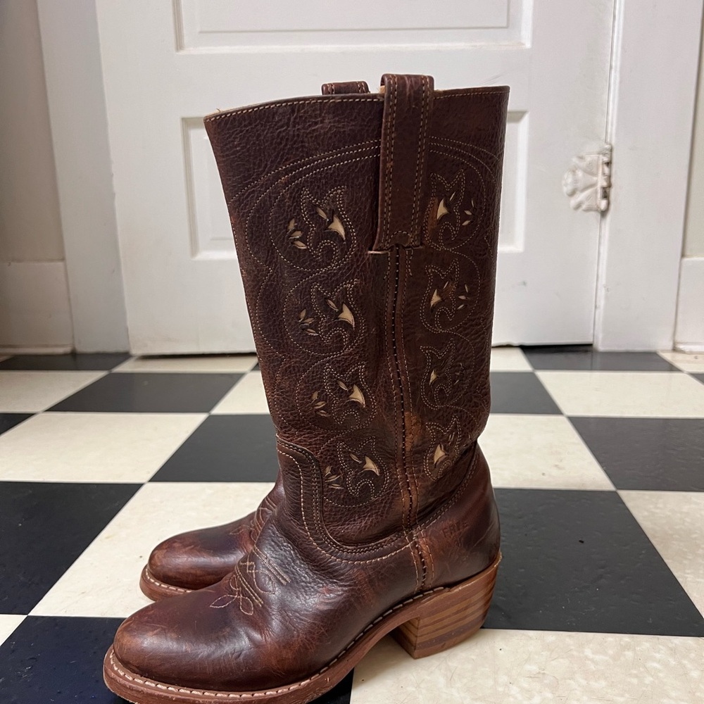 Frye Austin embroidered campus Dark Brown Leather Western Boots